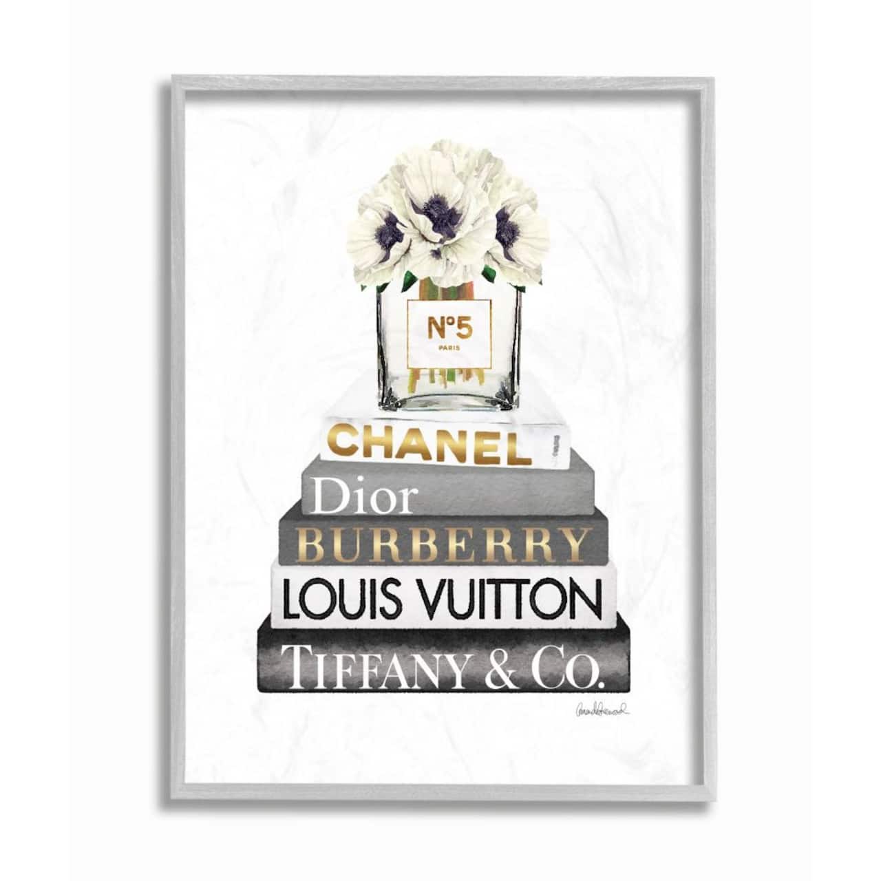 Stupell Industries White, Gray, & Gold Designer Bookstack with Florals Gray Framed Wall Art